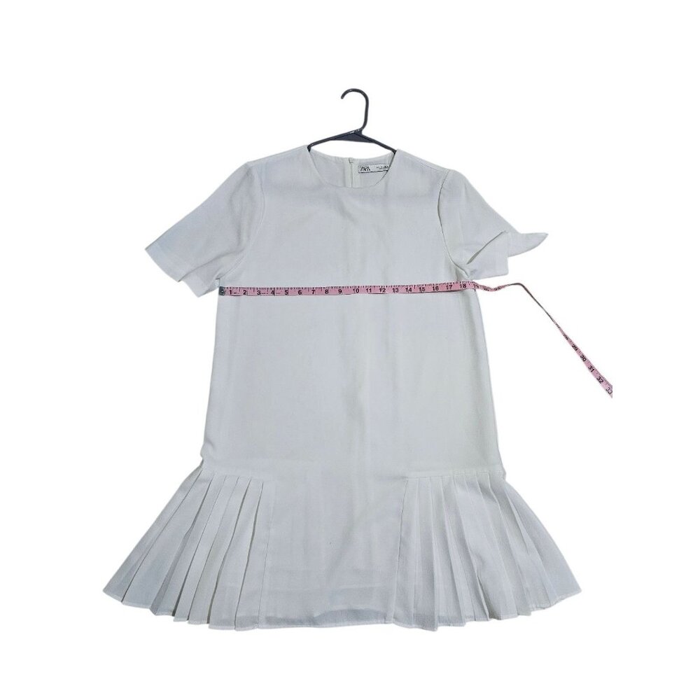 Zara White Pleated Hem Shift Dress Minimalist Mod Short Sleeve Large Preppy - Picture 5 of 6